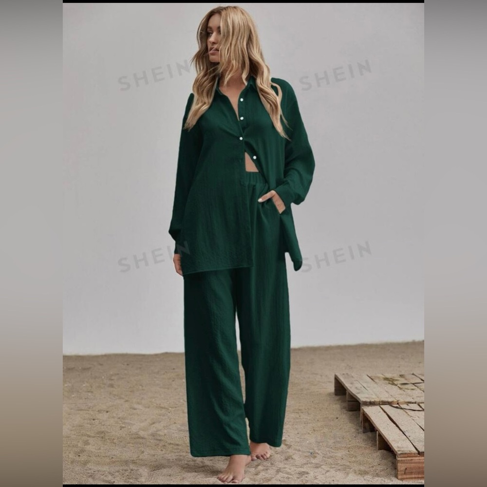 SHEIN Dark Green Button-Up Top and Pants Set